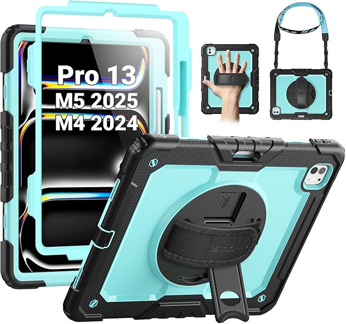SEYMAC Case for iPad Pro 13 Inch M5 2025 / M4 2024 Heavy Duty Shockproof Protective Case with Screen Protector 360° Rotating Stand Hand/Shoulder Strap and Pen Holder Light Blue