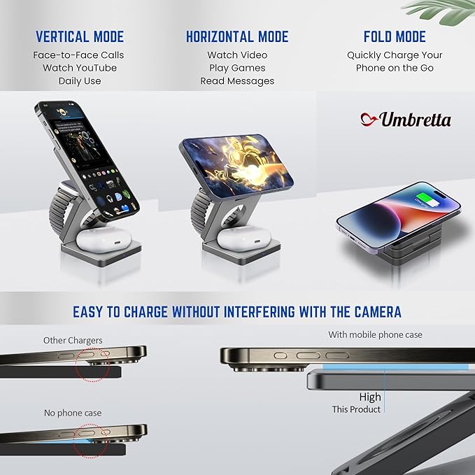 2025 New 3 in 1 Fast Magnetic Foldable Wireless Charger Aluminum Charging Stand Dock iPhone 12/13/14/15/16/17 Mini Pro Max/Airpods 23 Pro/Pro 2 &amp Smart Watches Ultra/SE/10/9/8/7/6/5/4/3/2/SE (Bla