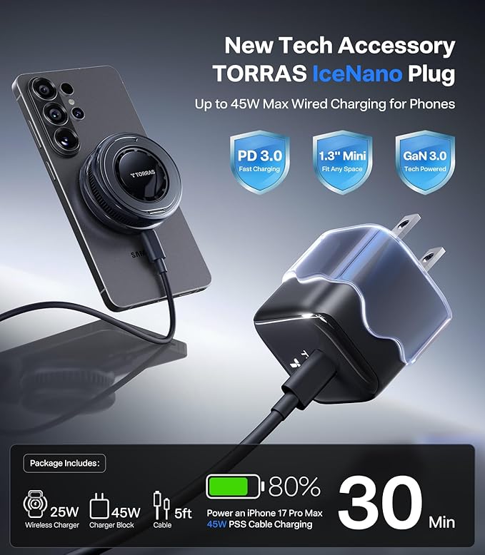 TORRAS PolarCircle Qi2.2 Wireless Charger 25W Cooling Magnetic Pad for Samsung Galaxy S26/S25 Wireless Charger for iPhone 17/16 with 360°Spin Stand Semiconductor Phone Cooler with 45W IceNano Plug