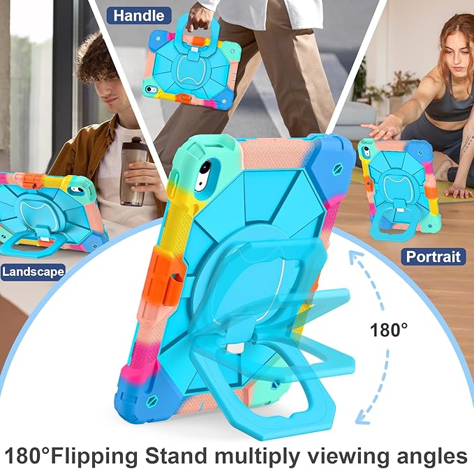 Case for iPad (A16) 11th Generation 11 Inch (2025) iPad 10th Generation Case 10.9 Inch (2022) Shockproof Cover with 360° Rotating Stand Screen Protector Pen Holder Shoulder StrapRainbowBlue