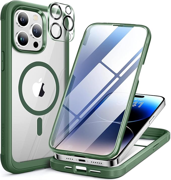 Miracase Magnetic for iPhone 14 Pro Case 6.1 inch (Compatible with MagSafe) Upgrade Full-Body Clear Phone Bumper Case with Built-in 9H Tempered Glass Screen Protector Magnetic Acacia Green