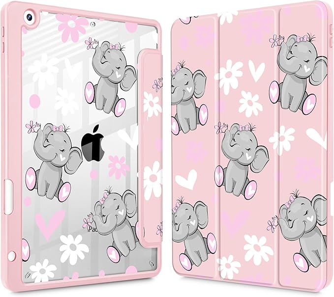 May Chen for iPad 9th Generation with Pencil Holder iPad 8th/7th Gen Case 10.2-inch [Penceil Holder] Trifold Stand Auto Wake/Sleep Clear TPU Protection Back Cover Cute Elephant