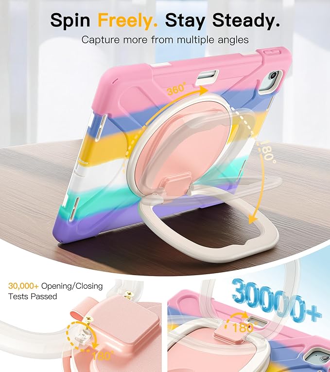 BRAECN for iPad Air 13 Inch Case M4 2026/M3 2025/M2 2024 &amp iPad Pro 12.9 Case (6th/5th4th/3rd Gen) Heavy Duty Silicone Cover with 360° Swivel Kickstand Shoulder Strap Pencil Holder Colorful Pi