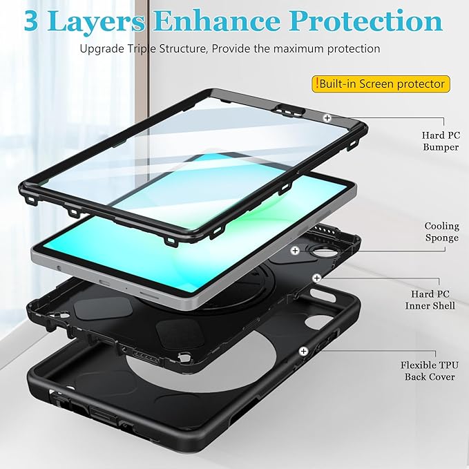 Case for Galaxy Tab A11 8.7 Inch: TPU Samsung Tablet A11 Cover 2025 with 360° Rotating Stand- Screen Protector -Hand Strap - Shoulder Strap - Pencil Holder - Black