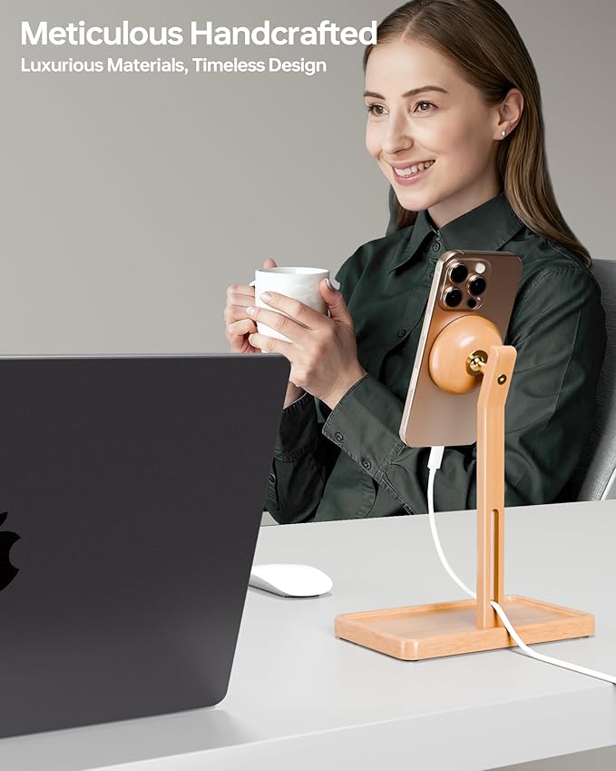 YEOUX Premium Magnetic Phone Holder for Desk | Solid Beech Wood | 360° Free Adjustable | MagSafe Compatible for iPhone 17 16 15 14 Stylish Desk Accessory