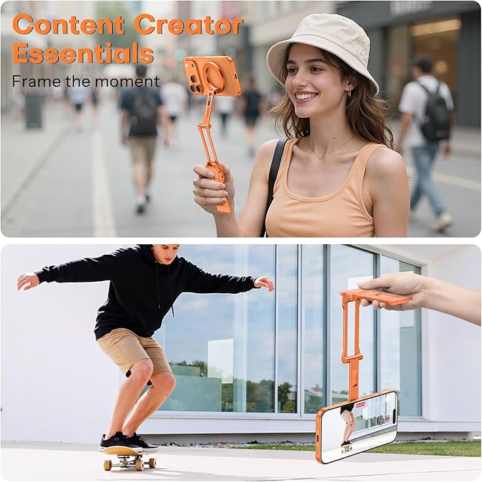 OMOTON TP06 for MagSafe Tripod Hook 360°Rotate Magnetic Phone Tripod for iPhone 17/16/15 Pro Max Air Fold Phone Stand Selfie Stick with 1/4 Screw Acra Fits Vlog Gym Travel Essentials Orange