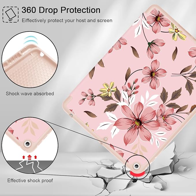Mektron Designed Printed iPad 10.2 Case 9th Gen (2021)/ 8th Gen (2020)/ 7th Gen (2019) with Pencil Holder Slim Protective Case with Soft TPU Back Auto Wake/Sleep for iPad 10.2 Inch Floral C293