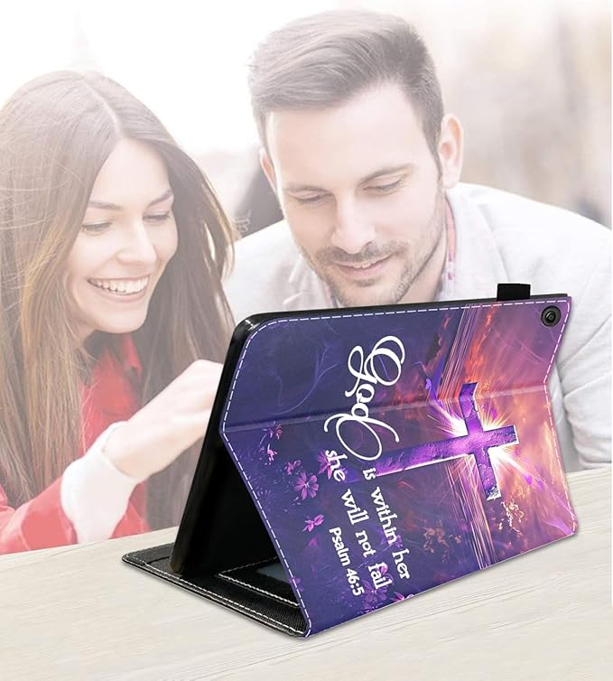 Case for Amazon Kindle Fire 7 Tablet (7 9th/7th Generation 2019/2017 Release) Slim PU Leather Cover with Card Slot &amp Auto Wake/Sleep Cross Quote Bible Verses Psalm 46:5