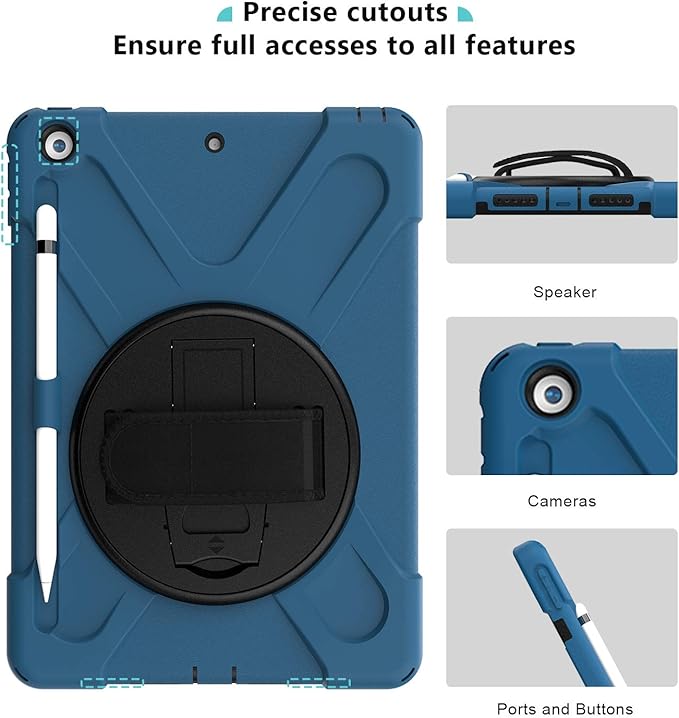 ProCase Rugged Case for iPad 9th/ 8th/ 7th Generation 10.2 (2021/2020/2019) Heavy Duty Shockproof Protective Cover with Strap for iPad 9/8/7 -Moroccoblue