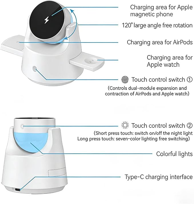 3-in-1 Wireless Charger for iPhone Apple Watch &amp AirPods Smart Wireless Charging Station with RGB Night LightMotorized Expandable Dock with 110° Rotation 15W MagSafe CE/FCC Certified (White)