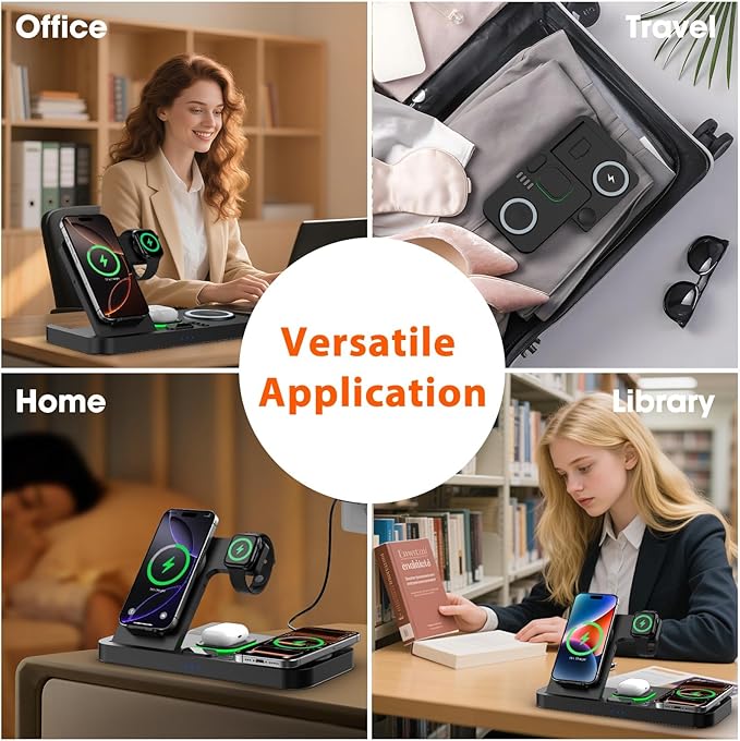 Dual Phone Magnetic Wireless Charging Station for Apple Devices/Apple Ecosystemwith Auto-Switch 7-Color Light &amp Clock Compatible with iPhone 17/16/15 for iWatch 11/10/9 &amp AirPods Pro3（Black