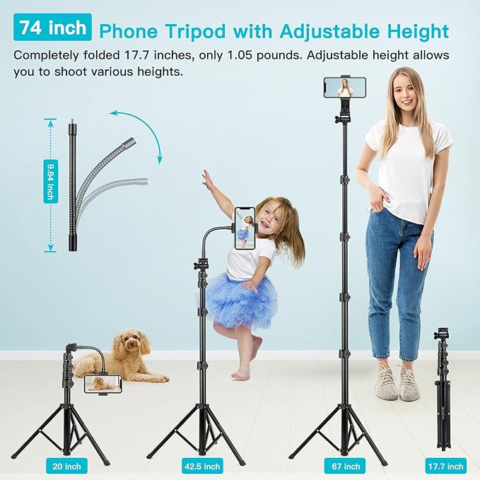 74 Flexible Phone Tripod Tall Cell Phone Tripod with Adjustable Gooseneck &amp Remote Portable Camera Cellphone Stand for Video Recording Compatible with iPhone Android