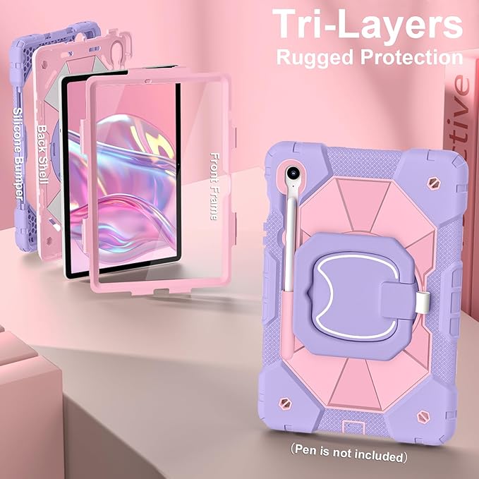 Case for Samsung Galaxy Tab S10 Lite / S10 FE / S9 FE 10.9 Inch Samsung Tab S9 11 Inch Rugged Galaxy S10 Tablet Case with Pen Holder 360 Rotating Stand Shoulder Strap Screen Protector Purple