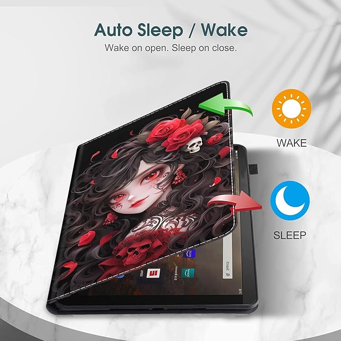 Case for Amazon Fire HD 10 Tablet (9th/7th/5th Generation2019/2017/2015 Release) Multi-Angle Smart Stand Cover Auto Sleep/Wake for Fire 10.1 InchRose Girl Skull
