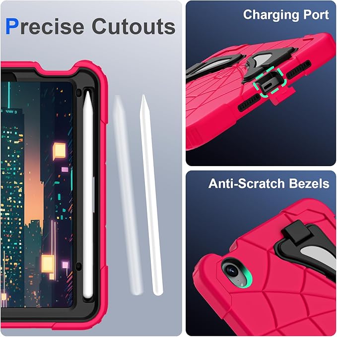 Kids Case for iPad mini 7 A17 Pro 2024/ Mini 6 8.3 inch Spider Case for iPad mini 7th 6th Generation Shockproof Durable Full Protective Cover with Pencil Holder Kickstand (Rose red+Black)
