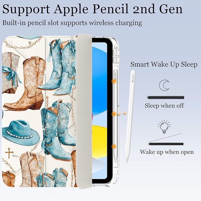 Western Cowgirl Boots for iPad (A16) 11th/10th Generation Case 11 Inch/10.9 Inch 2025/2022 with Pencil Holder Auto Sleep/Wake White Leather Acrylic Back Detachable Cover