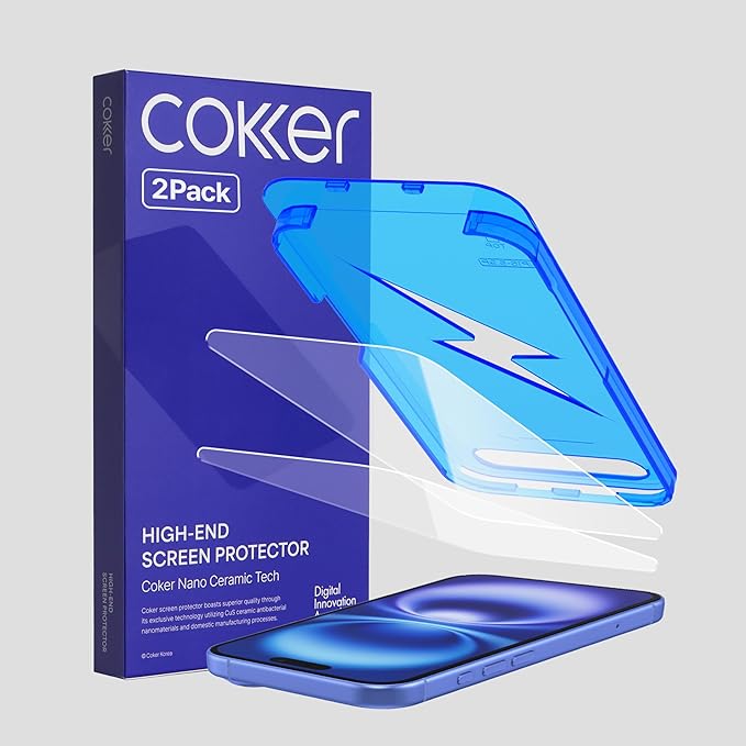COKER 2PACK Tempered Glass Screen Protector Designed for iPhone 16 Rounded Edge 9H Hardness Shatterproof Anti-Scratch Anti-Fingerprint Touch Sensitive Easy Installation