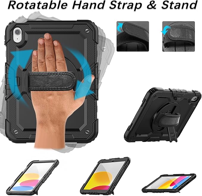 Weuiean Case for iPad A16 11th/10th Generation 11/10.9 Military-Grade Heavy-Duty Shockproof Cover with 360° Rotating Stand Built-in Pencil Holder &amp Adjustable Hand/Shoulder Strap - Black