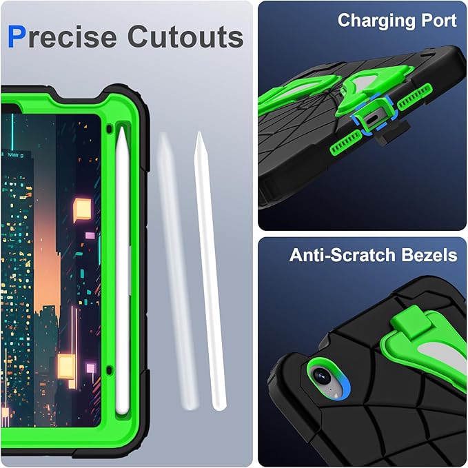 Kids Case for iPad mini 7 A17 Pro 2024/ Mini 6 8.3 inch Spider Case for iPad mini 7th 6th Generation Shockproof Durable Full Protective Cover with Pencil Holder Kickstand (Black+Green)