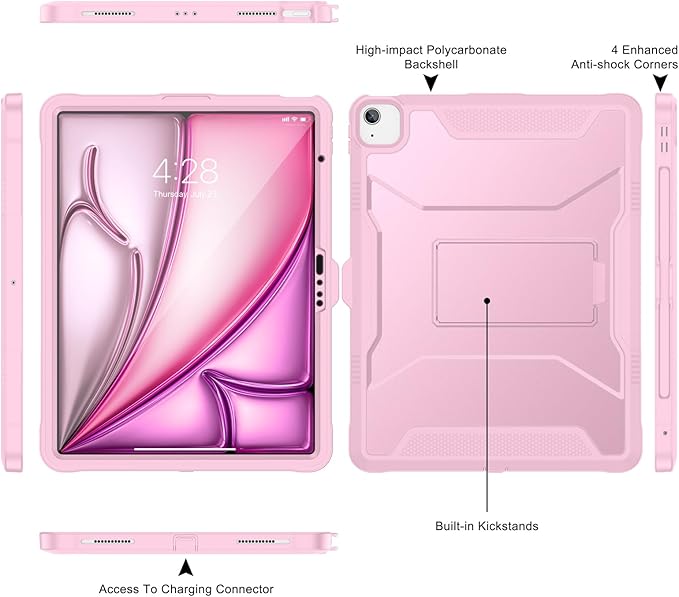 Soke Case for iPad Air 13-Inch M4 2026 M3 2025 &amp M2 2024with Built-in Screen Protector and Kickstand Rugged Full-Body Heavy Duty Protective Cover for Apple iPad Air 13 - Pink