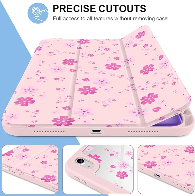 MecBevia Case for iPad Air 11-inch M4 2026 / M3 2025 / M2 2024 Slim Protective Cover with Built-in Pencil Holder Auto Wake/Sleep Pink Petals