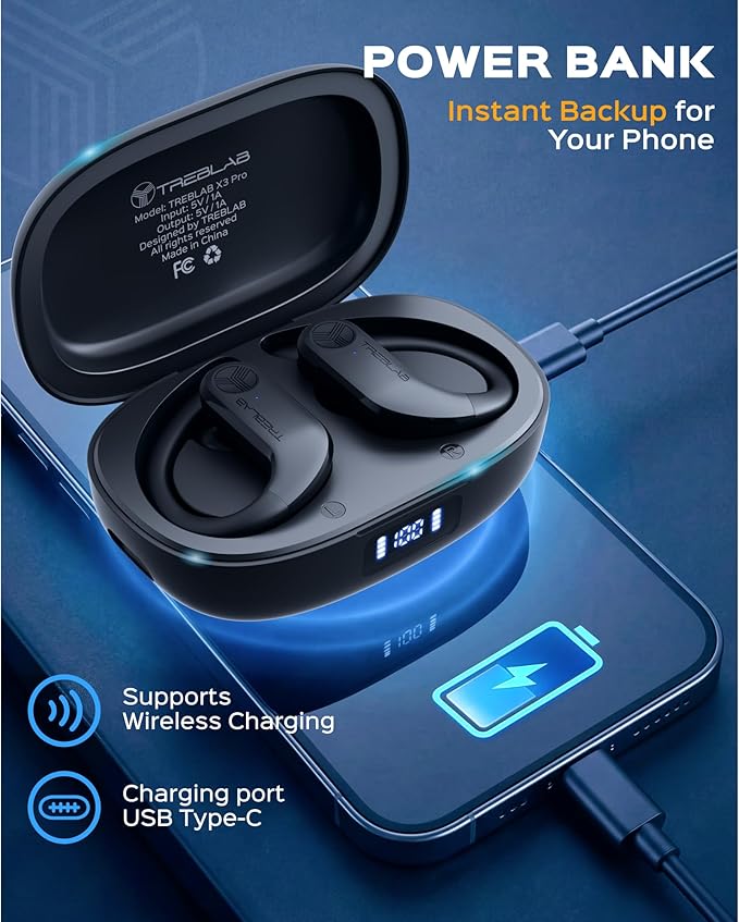 TREBLAB X3 Pro - Sports Wireless Ear Buds Bluetooth - Comfortable Workout Headphones with Secure Ear Hooks 9H Long Battery Life IPX5 Sweatproof Earphones Noise Isolation Over Ear Earbuds