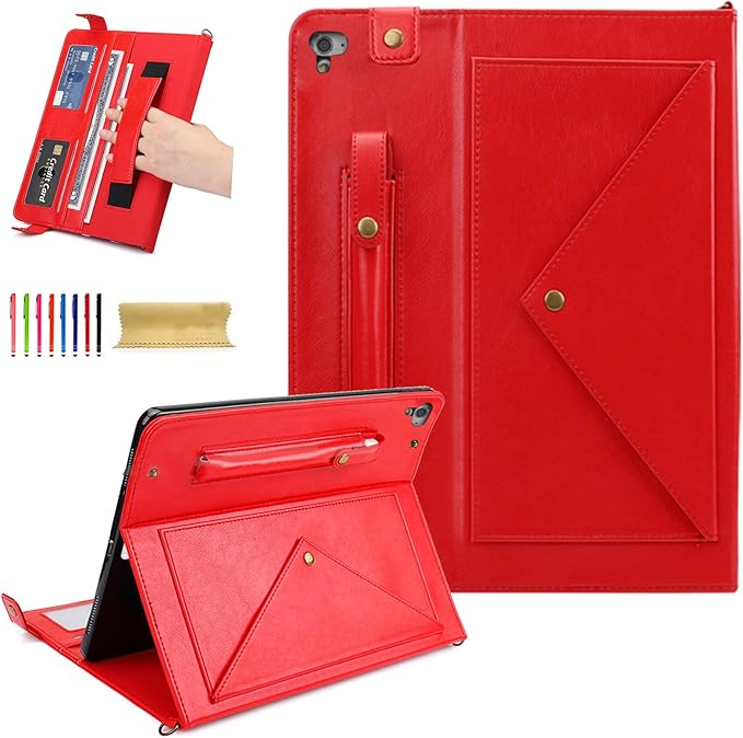 Dteck Case for iPad 6th/5th Generation 9.7 Inch 2018/2017/iPad Air 2/1Premium PU Leather Business Folio Stand Smart Auto Wake/Sleep Cover Shoulder/Hand Strap Pencil Holder Wallet CaseRed