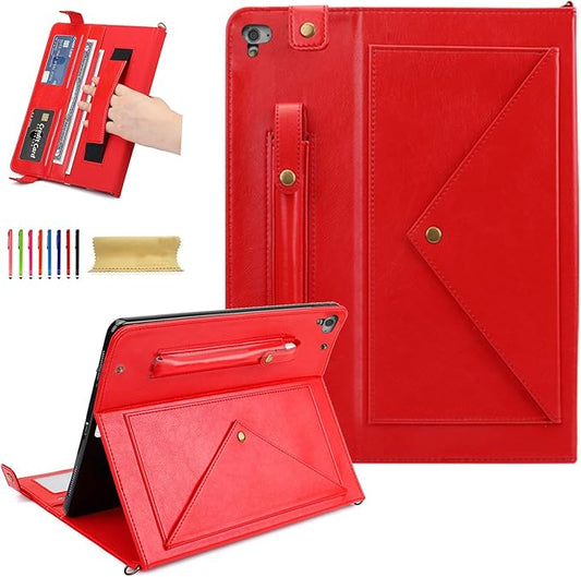 Dteck Case for iPad 6th/5th Generation 9.7 Inch 2018/2017/iPad Air 2/1Premium PU Leather Business Folio Stand Smart Auto Wake/Sleep Cover Shoulder/Hand Strap Pencil Holder Wallet CaseRed