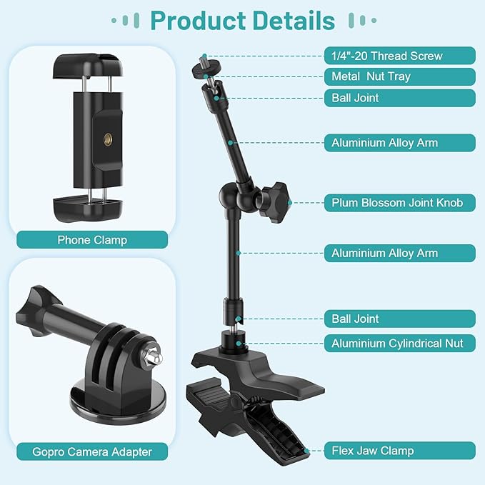 Phone Holder Jaw Flex Clamp Clip Mount360°Adjustable Aluminium Alloy Arm MountCellphone Clip Stand for Desk/Table/Post/BoardCompatible with 3.5~7.5 iPhone/HTC/LG/Huawei/Galaxy/Gopro Hero