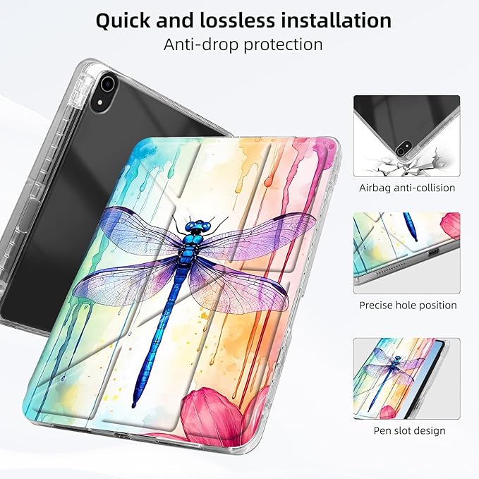 for iPad mini 7 A17 Pro 2024/iPad Mini 6 2021 Case with Pencil HolderFoldable Y-Shaped CoverStylish Clear Multi-Angle Viewing&ampAuto Sleep/Wake Rainbow Dragonfly Art Tablet Case