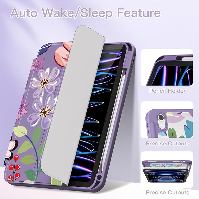 Teryeefi for iPad 11 inch (A16) 2025 11th Gen/iPad 10.9 inch 2022 10th Gen Built in Pencil Holder with Crystal Clear Hard Shell Back Cover with Auto Wake/Sleep &amp Stand Function Stylish Flower