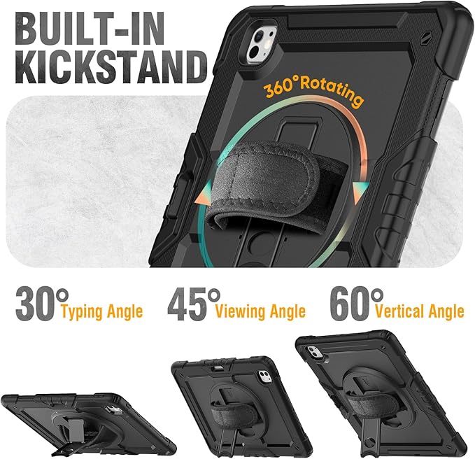 HXCASEAC for iPad Pro 13 Inch Case (M5/M4) 2025/2024Shockproof Design with Pencil Holder Protector Rotating Stand Hand Strap Heavy Duty Protective iPad Pro13 Cover A3360 A3361 A2925 A2926Black