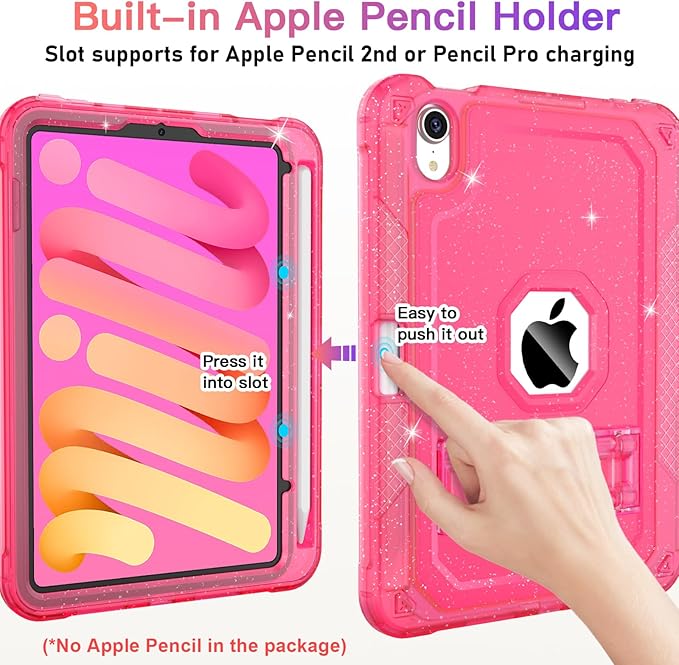 Case for iPad mini A17 Pro for iPad mini 7th/6th Generation Case 8.3 inch 2024/2021 with Pencil Holder/Stand Slim Cover for i Pad Mini 7/6 (Translucent Glitter Hot Pink)