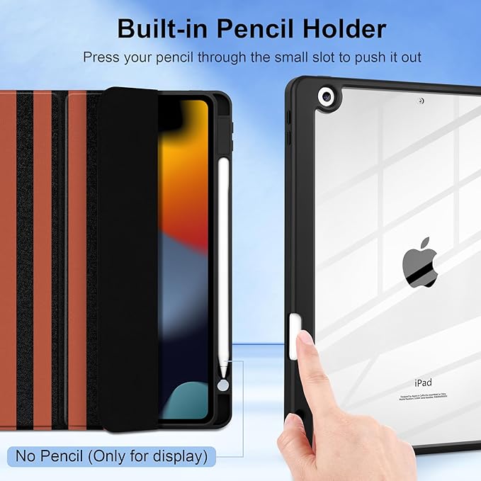 DONGKE for iPad 9th/8th/7th Generation Case 10.2 Inch (2021/2020/2019) [Auto Sleep/Wake &amp Pencil Holder] Clear Acrylic Back Trifold Stand Cover Orange Stripes