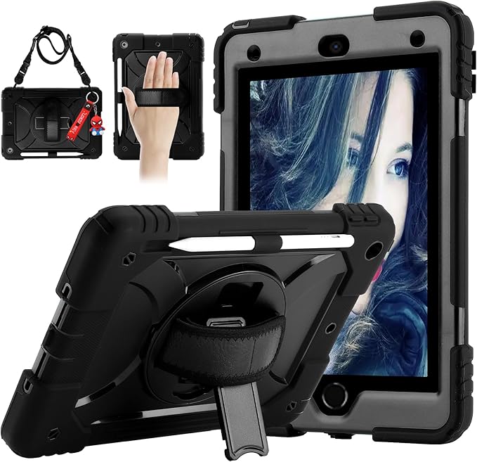 for iPad 9th/8th/7th Generation CaseiPad 10.2 Case 2021/2020/2019 with Cute Key Chain Rugged Protective Case with 360°Rotating Stand &amp Shoulder Hand Strap &amp Pen Slot for 10.2 Inch (Black)