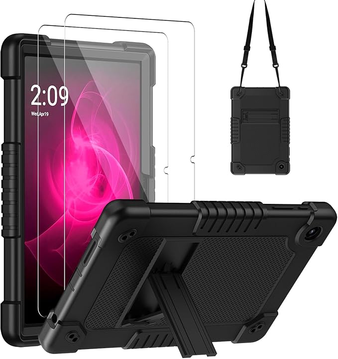 for Tmobile Revvl Tab 2 Tablet Case with 2 Pcs Screen ProtectorShockproof Kids Protective Case with Shoulder Strap Kickstand Cover for Tmobile Revvl Tab 2 Tablet 10.1 inch (Black)