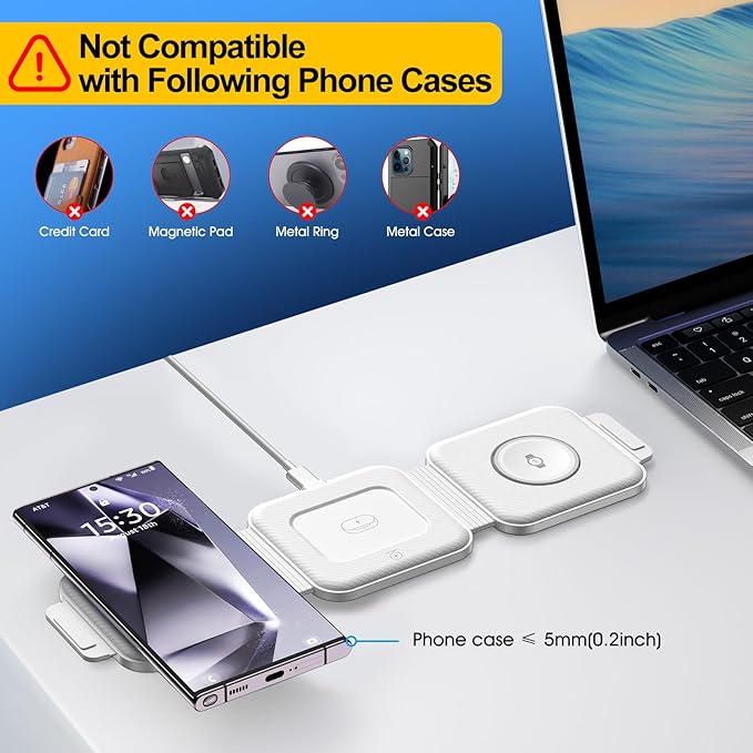 Multi Travel Charger for Samsung Foldable Wireless Watch Charger for Galaxy Watch Ultra/7/6/5 Pro/Active 2 Fast Pocket Charging Pad for S25/S24/S23/S22 (+/Ultra)/Note20 for Buds3 Pro(Pearly)