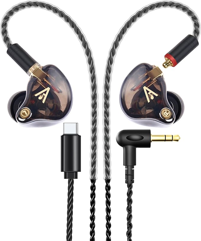 Vibes 201C Wired Earbuds in-Ear Headphones USB C to 3.5mm Adapter &amp Braided Cord Noise Isolating Bass Driven Earphones Carry Case Ear Buds Tips 3.5mm Jack (Clear Brown No Mic)