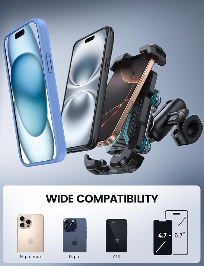 Lamicall Motorcycle Phone Mount Holder - [Dual Vibration Dampener] [Metal Adjustment Arm] Motorcycle Cell Phone Holder Bike Handlebar Phone Mount for iPhone 16 15 14 Pro Max 4.7-6.7 Phones Blue