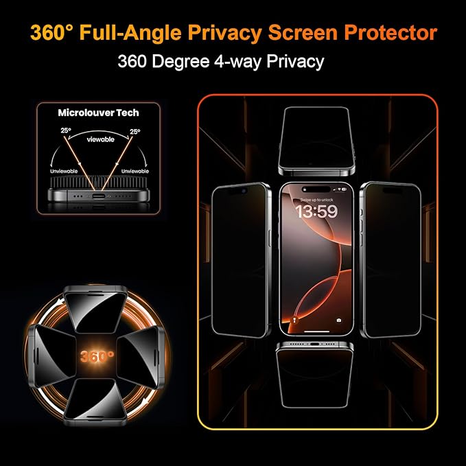 OneFish 2 Pack Privacy Screen Protector for iPhone 16/15-4-Way 360° Anti-Spy Tempered Glass 9H Hardness 3D Curved Edges Case-Friendly &amp Easy Installation