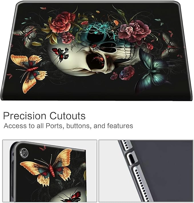 for 10.1 Amazon Fire HD 10 Tablet (13th Generation 2023 Release)PU Leather Multi-Angle Anti Slide Stand Cases with Auto Wake/SleepButterfly Skull Flower