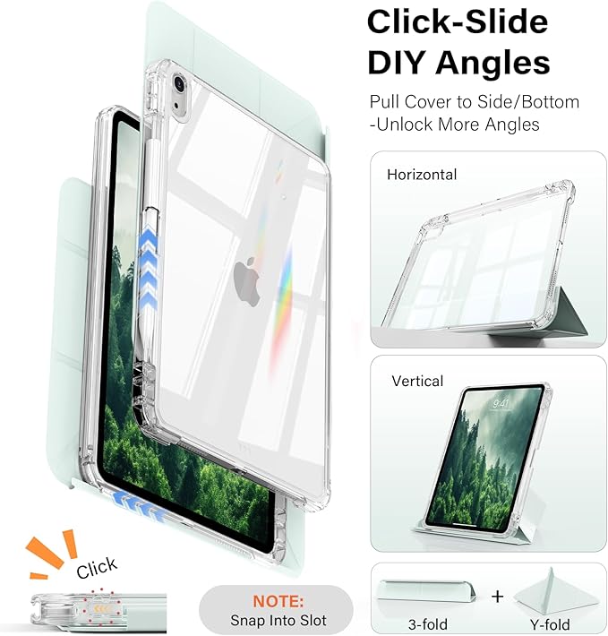 JKSML Case for iPad (A16) 11th/10th Gen with 8+ Viewing Angles DIY Detachable Sliding Cover Fully Clear Hard Back Shell Solid Y-fold Stand Pencil Holder for iPad 10.9 (2022)/ 11 (2025)-Green-1