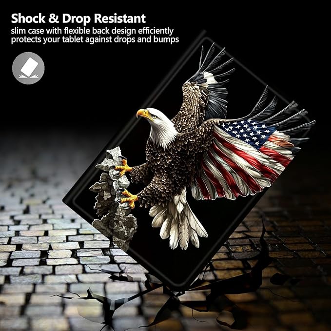 DIGTIALLL Case for Amazon Kindle Fire 7 Tablet Case (12th Gen 2022 Release) PU Leather Smart Protective Cover with Auto Sleep/WakeFlying Eagle with Flag