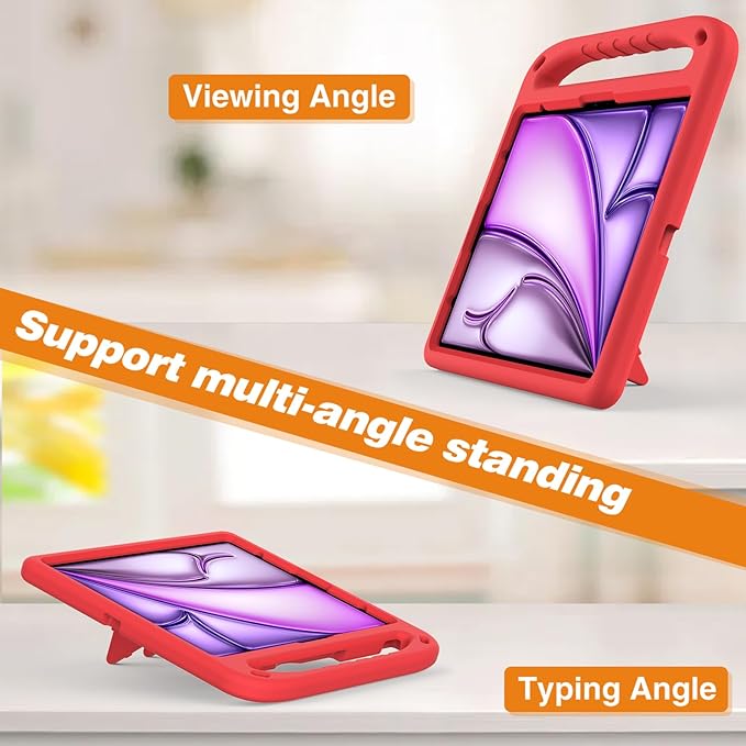 Kids Case for Apple iPad Air 13 inch Tablet M4/M3/M2 (2026/2025/2024) with Pencil Holder Anti-Slip Handle Slim Lightweight Stand Shockproof Soft EVA Protective Silicone Bumper Cover Red