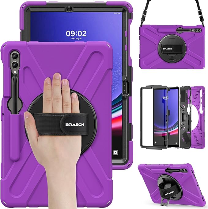 BRAECN for Samsung Galaxy Tab S10+ Plus/S9+/S9 FE + /S8+ Plus/S7 +Plus /S7 FE 12.4 InchHeavy Duty Shockproof Case with S Pen Holder&amp360 Rotating Hand Strap/Kickstand/Shoulder Strap -Purple