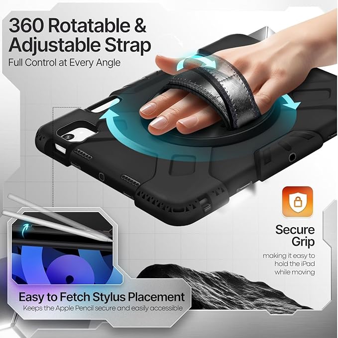 TNP Protective Case for iPad Air 6th M2 2024 11 Inch 5th 4th Gen 10.9 inch and iPad Pro 4th 3rd 2nd Generation (2022 2021 2020 2018) w/Pencil Holder Handle Stand &amp Shoulder Strap Black