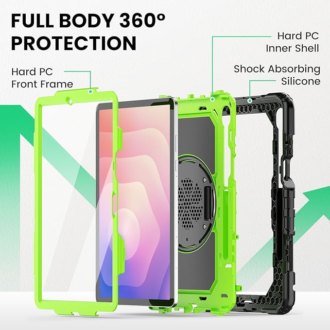 SEYMAC Case for Samsung Galaxy Tab S11 5G 2025 11 Inch Heavy Duty Shockproof Protective Case with Screen Protector 360° Rotating Stand Hand/Shoulder Strap and Pen Holder Green