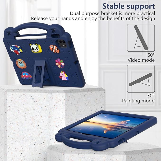Dteck iPad Air 13/Pro 13 2024 M4/Pro 12.9 6th/5th/4th/3rd Gen Case - Cartoon Panda Shockproof Rugged Lightweight Convertible Stand With Handles Kids Friendly Navy Blue