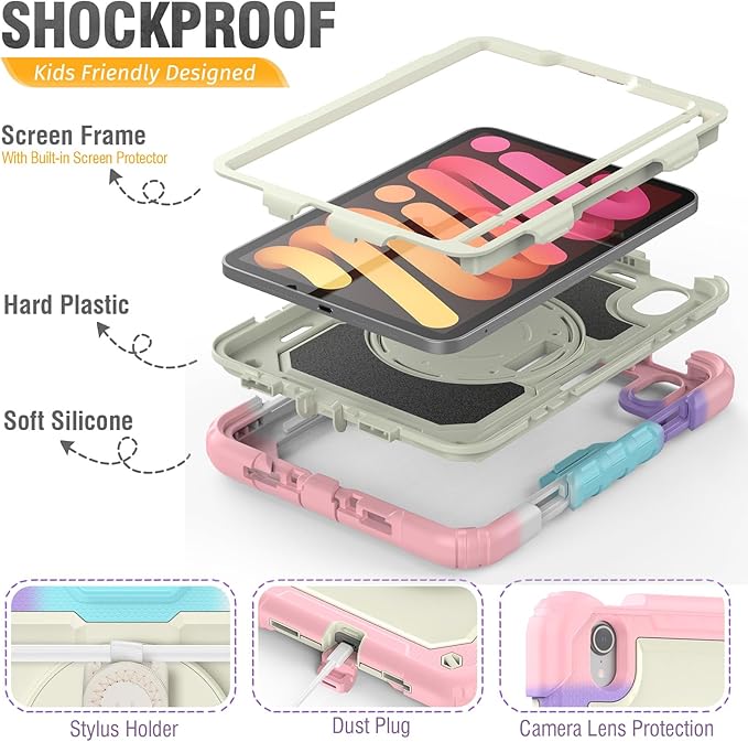 HXCASEAC Kids Case for iPad mini 7 (A17 Pro) iPad mini 6 Case Cute 8.3 inch Full Body Protective with Carrying Strap Hand Strap Stand Protector Pencil Holder A2995 A2993 A2567 A2568 Rainbow Pink