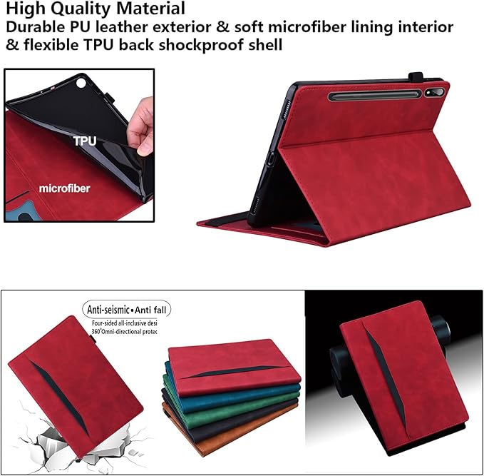 12.4 Inch Case for Samsung Galaxy Tab S8 Plus/S8+ 2022/S7 FE 2021/Tab S7 Plus/S7+ 2020 (SM-X800/T730/T970) with S Pen Holder Pocket &amp [Auto Wake/Sleep] Folding Stand PU Leather Cover Red